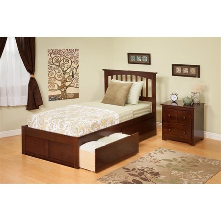 ATLANTIC FURNITURE Atlantic Furniture AR8722114 Mission Twin Bed with Flat Panel Footboard and Urban Bed Drawers in an Antique Walnut Finish AR8722114